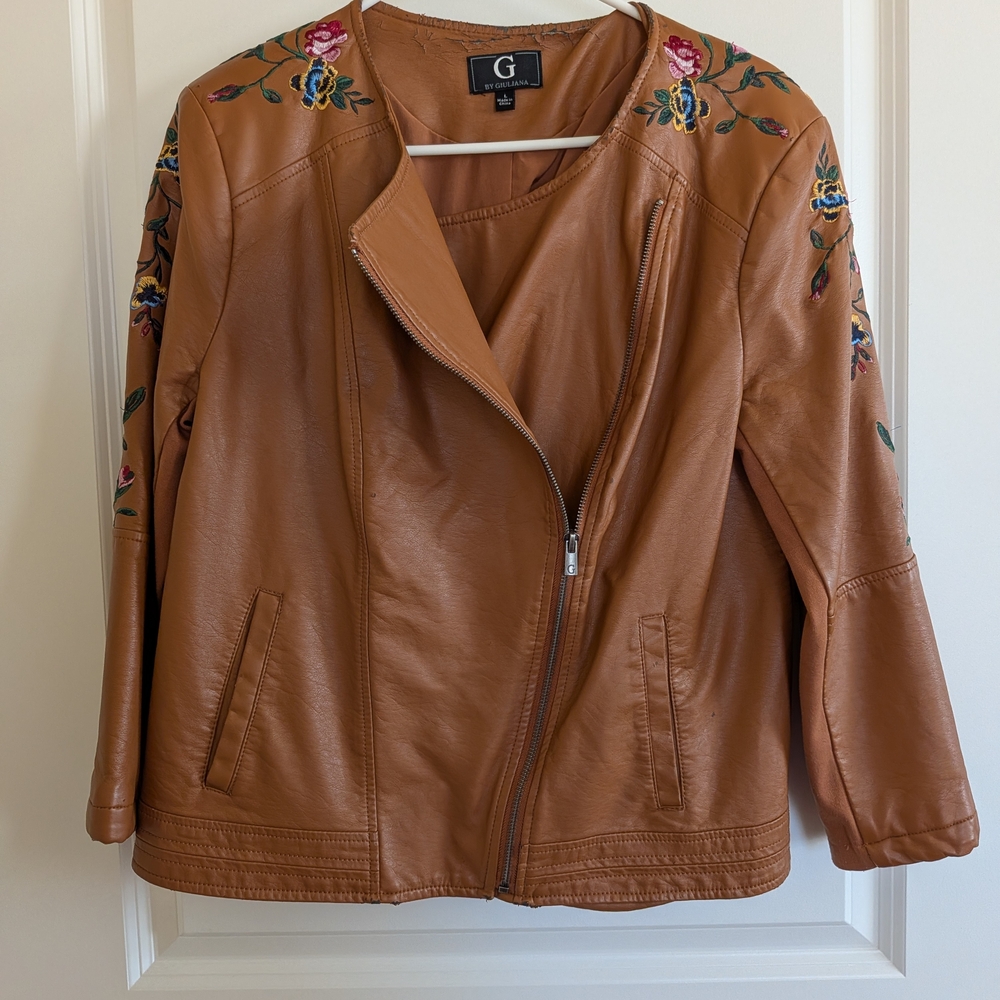 G by Giuliana Tan Moto Jacket with Floral Embroidery